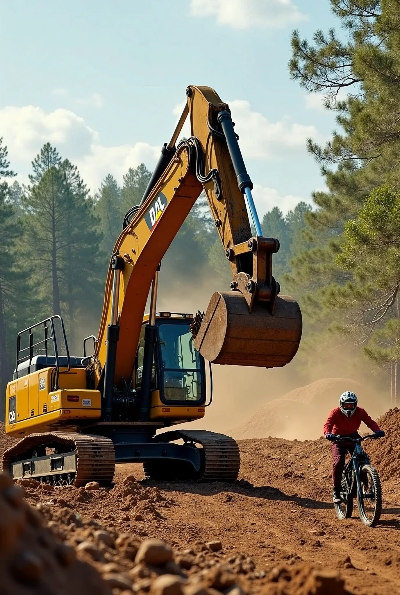 Overturned excavator with a dirt jump in the background and a bike