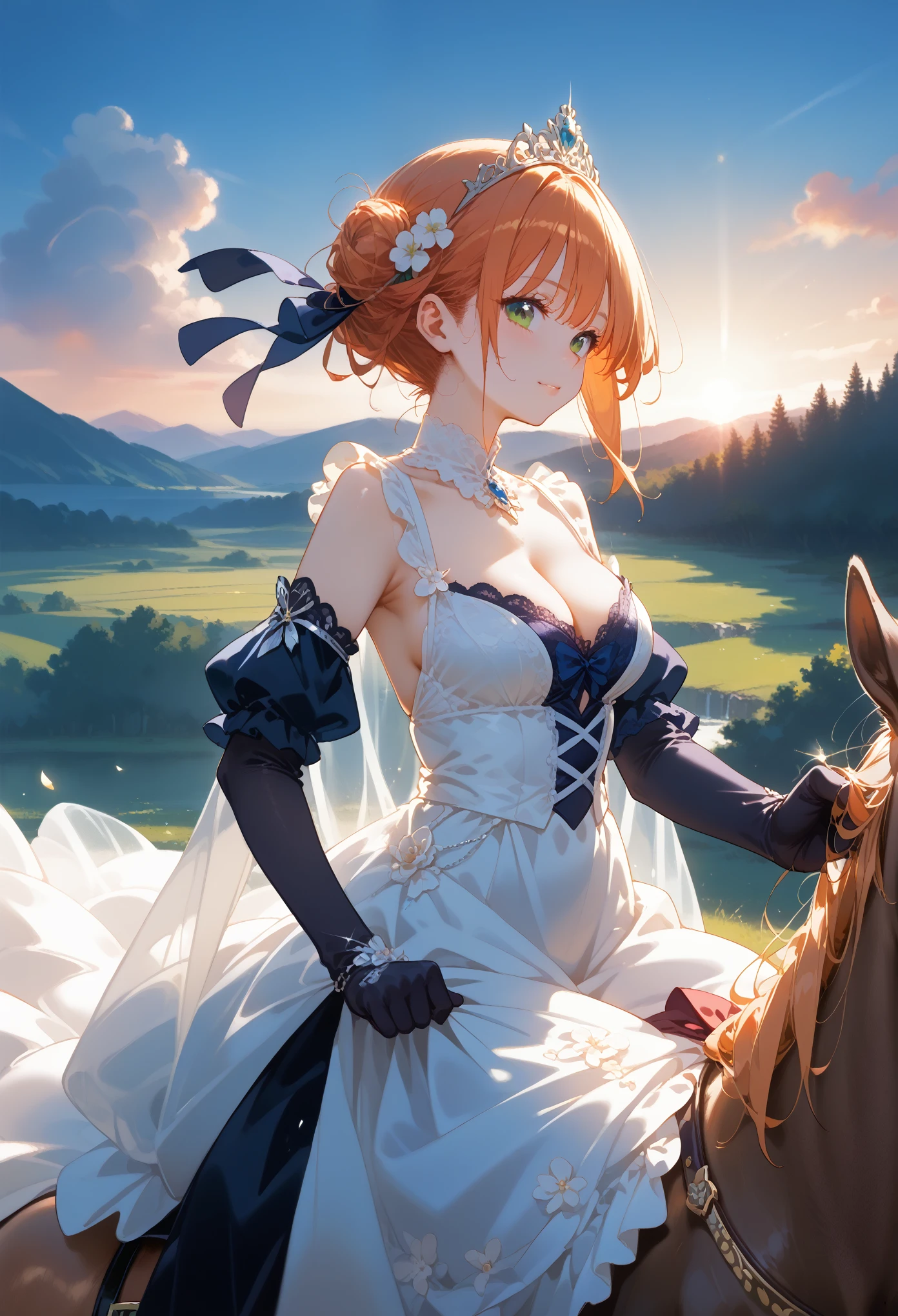 Beautiful Girl on Horseback, Very detailed and detailed, ranch all in the rays of sunset Beautiful and Masterpiece, Everything is in bright colors The girl seems to sparkle, clear detail,cinematic film still,score_9,score_8_up,score_7_up,masterpiece,best quality,8k,source_cartoon,source_アニメ,Shine