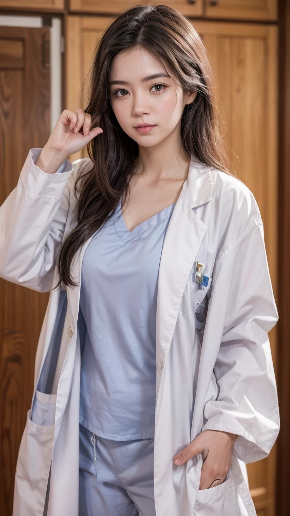 Portrait-style image featuring a young woman standing indoors, wearing a light blue medical scrub top and pants, covered by a white lab coat. She has long, straight dark hair, fair skin, and is looking directly at the camera with a neutral expression. Her right hand is raised near her face, with her thumb and index finger forming a small gap, while her left hand is holding the edge of her lab coat. The background consists of wooden cabinets and doors, adding a warm tone to the setting. The overall composition is centered, with the subject occupying the majority of the frame.