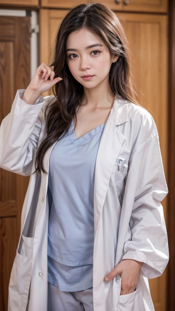 Portrait-style image featuring a young woman standing indoors, wearing a light blue medical scrub top and pants, covered by a white lab coat. She has long, straight dark hair, fair skin, and is looking directly at the camera with a neutral expression. Her right hand is raised near her face, with her thumb and index finger forming a small gap, while her left hand is holding the edge of her lab coat. The background consists of wooden cabinets and doors, adding a warm tone to the setting. The overall composition is centered, with the subject occupying the majority of the frame.