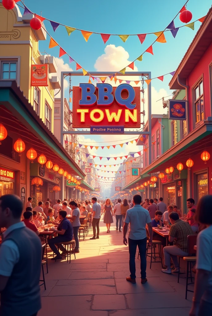 Colourful background bbq images with tha name of bbq town 