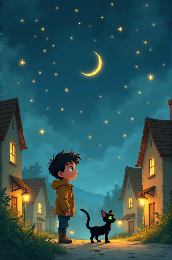 Leo had always been a different child. While others spent their days playing outdoors, He preferred the nights, When the sky was covered with stars and the moon illuminated their small town. His best friend on these nightly adventures was Shadow., a black cat with green eyes that seemed to shine with the same intensity as the stars.
Make an image according to the text but with a soft drawing design