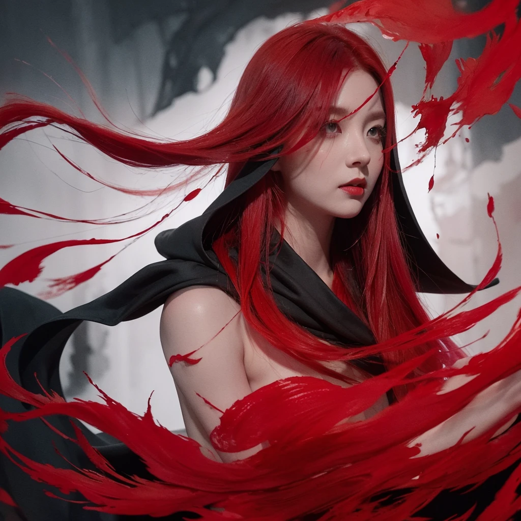 1 woman,(red hair)),red eyes,radish,long hair,(loose long hair),((black cloak)),(cape hood),scarf,red moon in the sky,night,floating red flowers fall,upper body,ruins,Intense shadows,ash,fire,ice,((Ink wash painting)),((ink splashing)),((color splashing)),