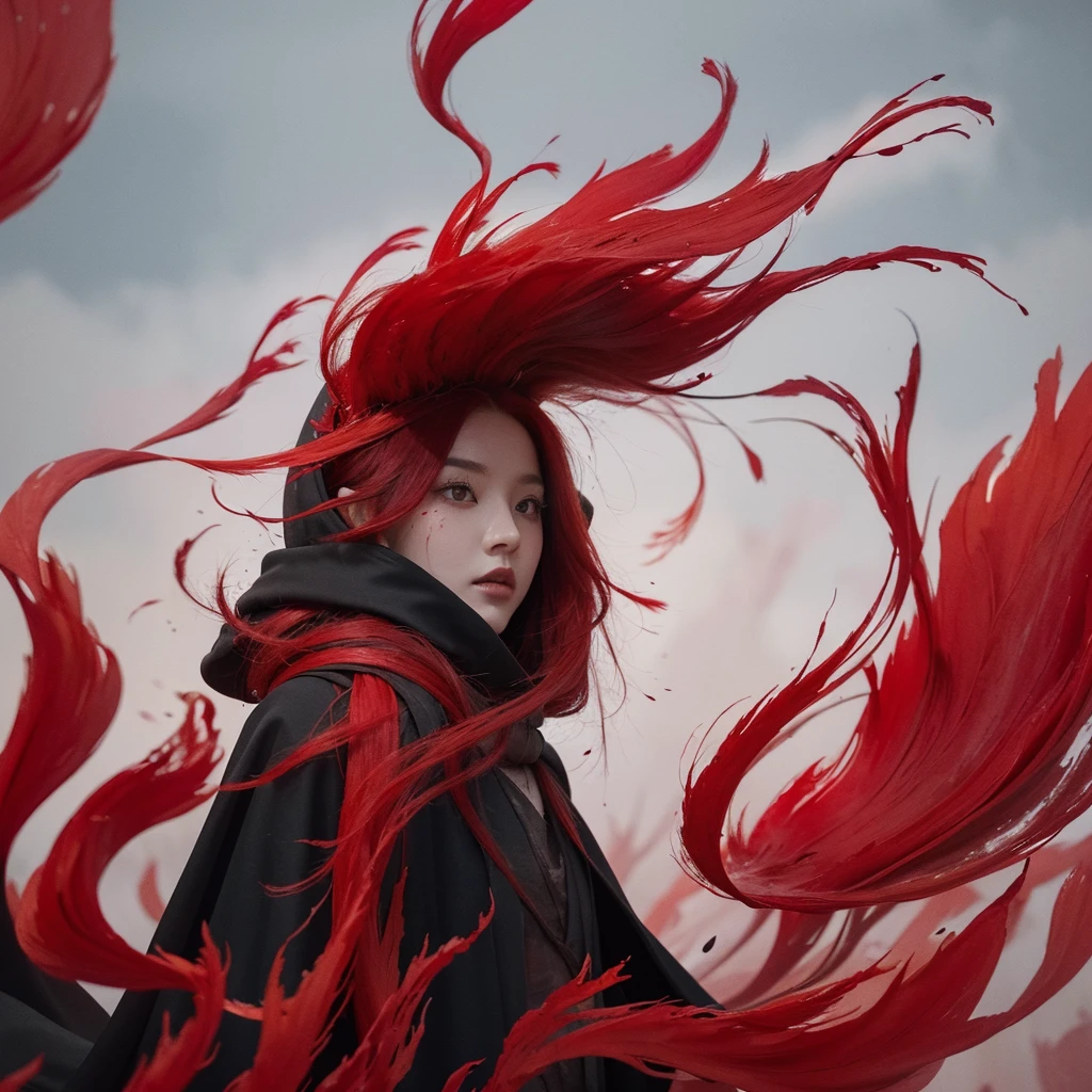 1 woman,(red hair)),red eyes,radish,long hair,(loose long hair),((black cloak)),(cape hood),scarf,red moon in the sky,night,floating red flowers fall,upper body,ruins,Intense shadows,ash,fire,ice,((Ink wash painting)),((ink splashing)),((color splashing)),