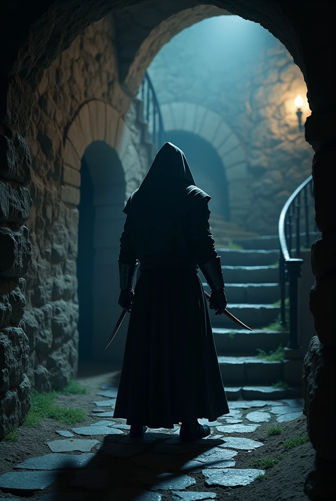 (masterpiece:1.2), (best quality:1.2), 8k, HDR, ultra detailed, ((photorealistic)), professional light, cinematic lighting, fashion photography, ambient lighting, background, a dark medieval dungeon, Darkness, epiCPhoto, stairs, A thief in cloth armor, holding daggers in each hands.