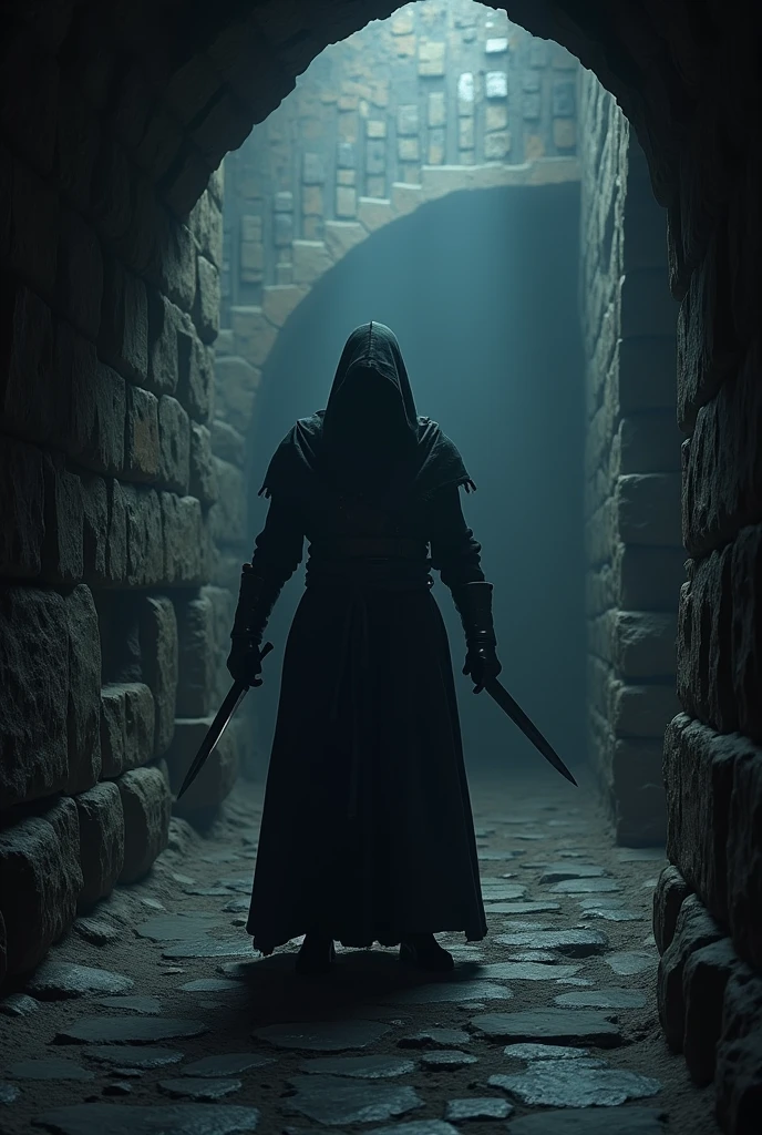 (masterpiece:1.2), (best quality:1.2), 8k, HDR, ultra detailed, ((photorealistic)), professional light, cinematic lighting, fashion photography, ambient lighting, background, a dark medieval dungeon, Darkness, epiCPhoto, stairs, A thief in cloth armor, holding daggers in each hands.