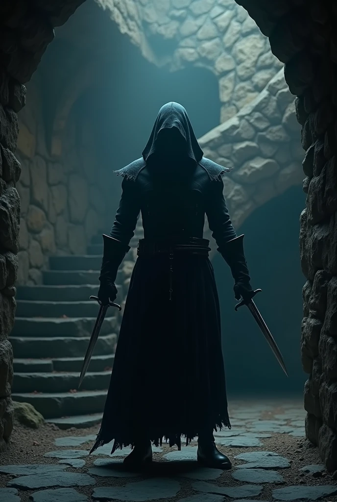 (masterpiece:1.2), (best quality:1.2), 8k, HDR, ultra detailed, ((photorealistic)), professional light, cinematic lighting, fashion photography, ambient lighting, background, a dark medieval dungeon, Darkness, epiCPhoto, stairs, A thief in cloth armor, holding daggers in each hands.