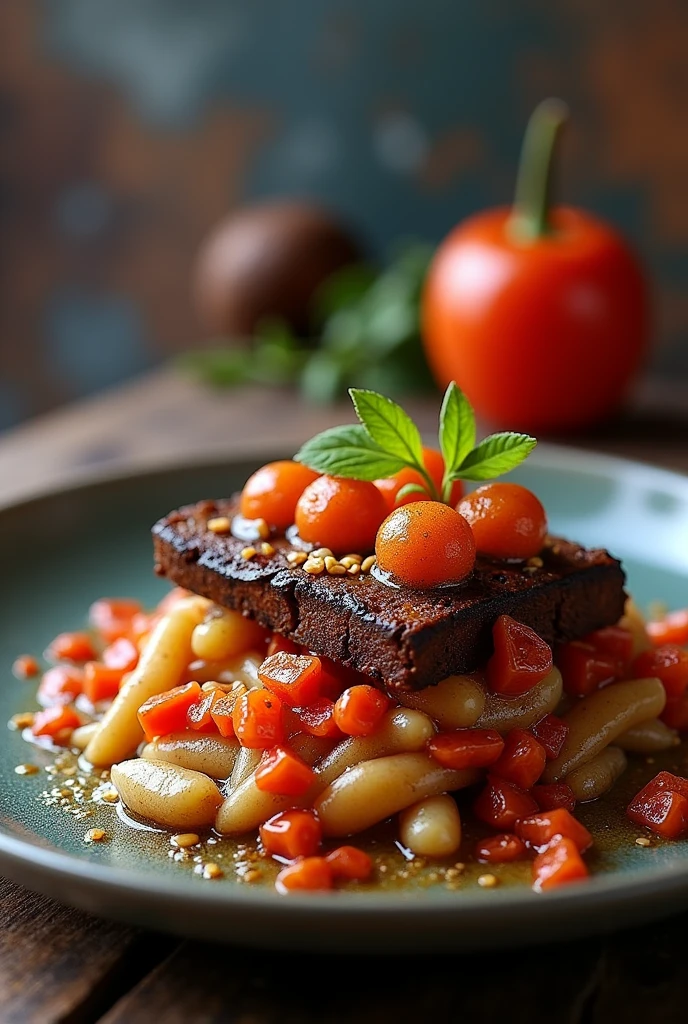 Presentation of a main dish fusing the Valluno-Andean cuisine of Bolivia made with murmunta (cianobacteria), Llama meat cooked on embers and rainbow chili encapsulated in a fake caviar using cutting-edge techniques. image in 8k