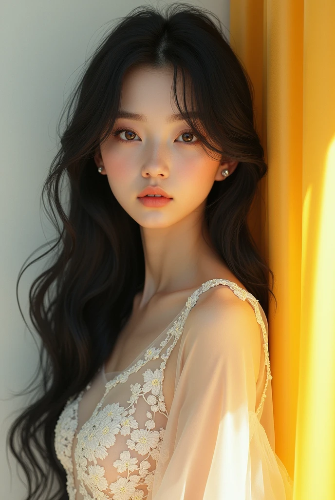 Young woman, white yellow, black hair, The eyes are black, height 163,  size 1, length 100 cm, Uzbek