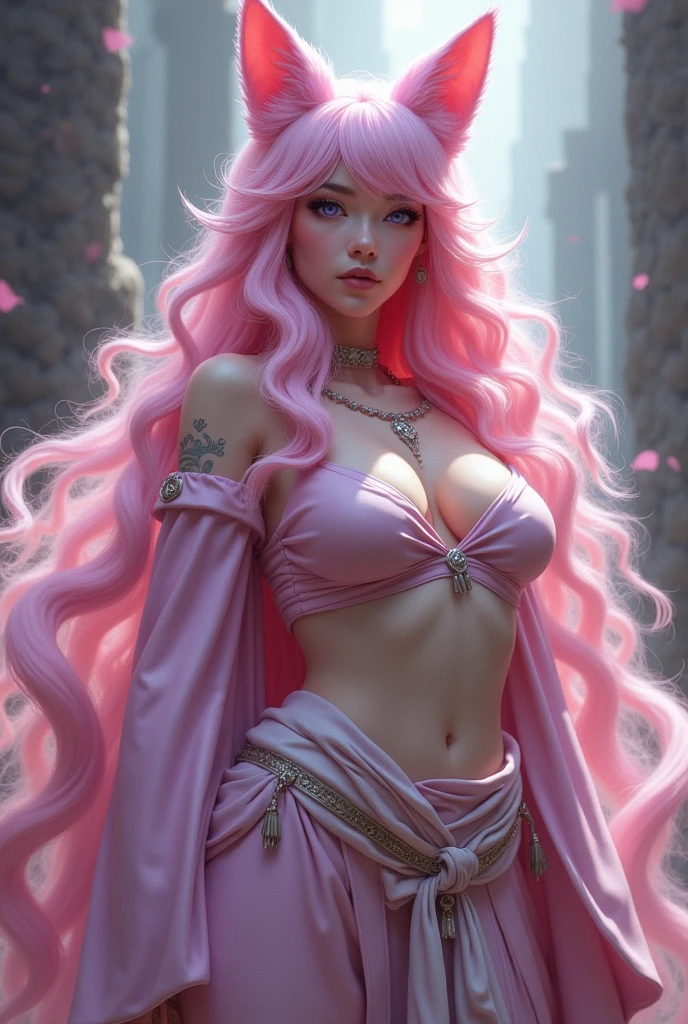 Kitsune in human form with long, curly pastel pink hair, pastel pink nine tails, cat ears pink pain, violet eyes, Caucasian skin, bountiful breasts, leather and fabric clothing that leaves the belly exposed