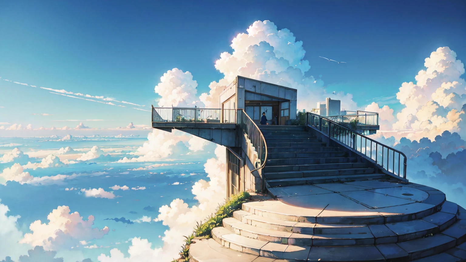 Bright picture, Makoto Shinkai, city in the sky, not connected to land, above the clouds, stairs in the sky, illustration, nostalgic, vivid, background only, bright, fresh, stairs