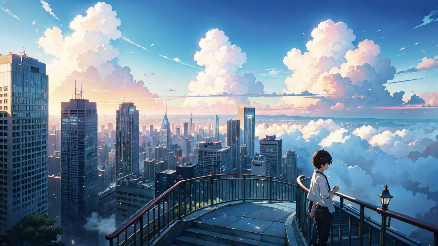 Bright picture, Makoto Shinkai, city in the sky, not connected to land, above the clouds, stairs in the sky, illustration, nostalgic, vivid, background only, bright, fresh, stairs