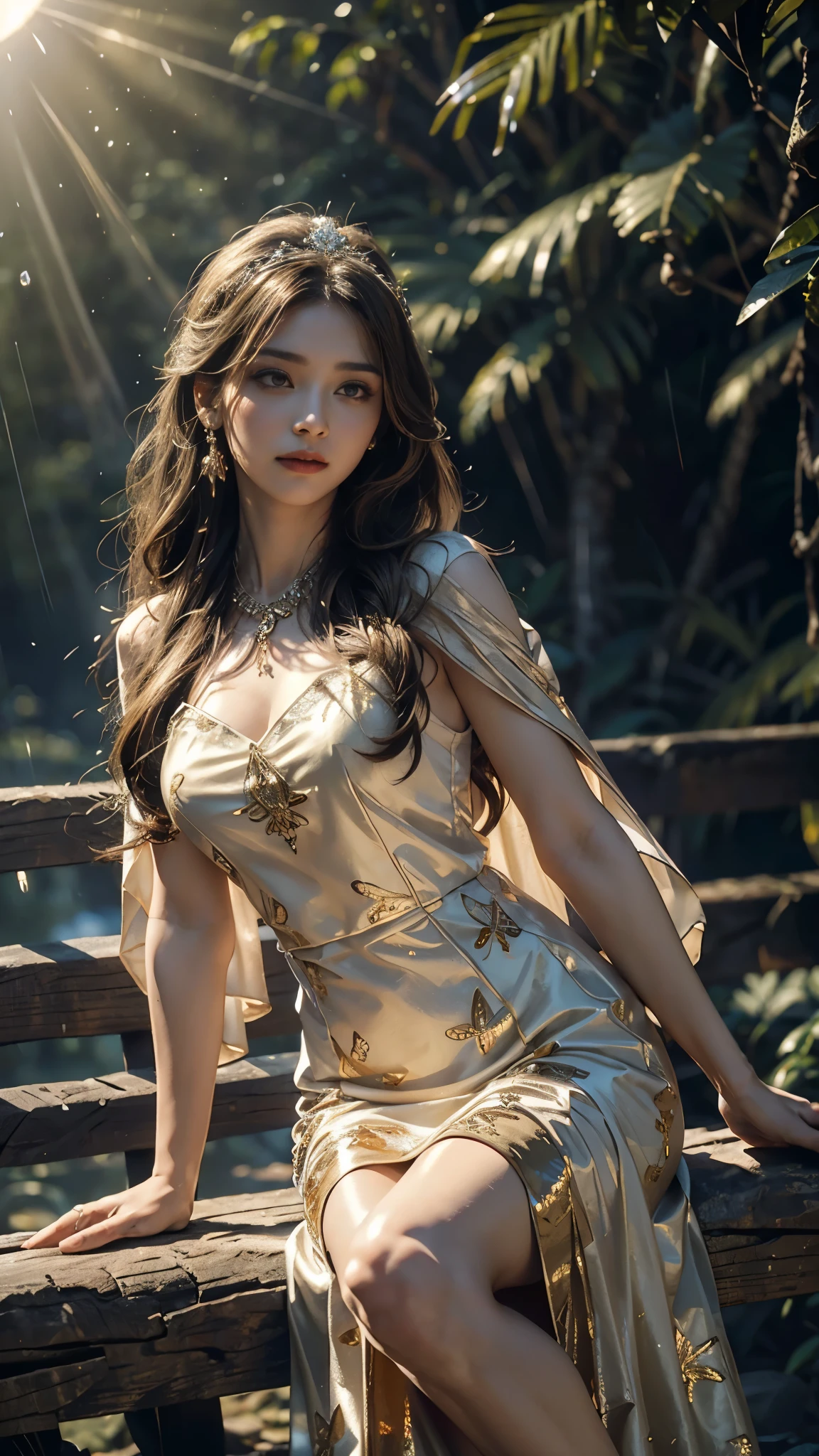 4K, UHD, Masterpiece, 1 girl, good face, detailed eyes, ((very long hair)), bridal hairstyle, butterfly on hair, ornaments, crystal ornaments, jwellery, block print dress, ((golden dress)), very detailed dress, strap dress, flowing cape, mesh stocking, cinematic unreal scenery, legendary scenery, rainy weather, wet ground, depth of field, ray tracing, bloom, god rays, lens flare, sun flare, cinematic pose, 