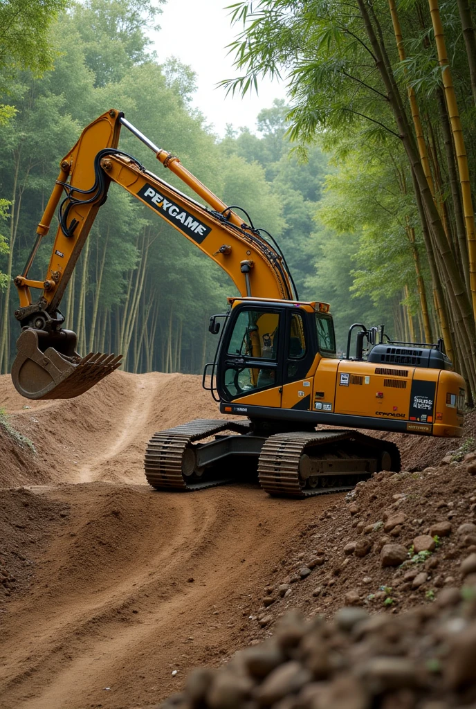 Overturned excavator with a dirt jump in the background and a bike with bamboo in the background