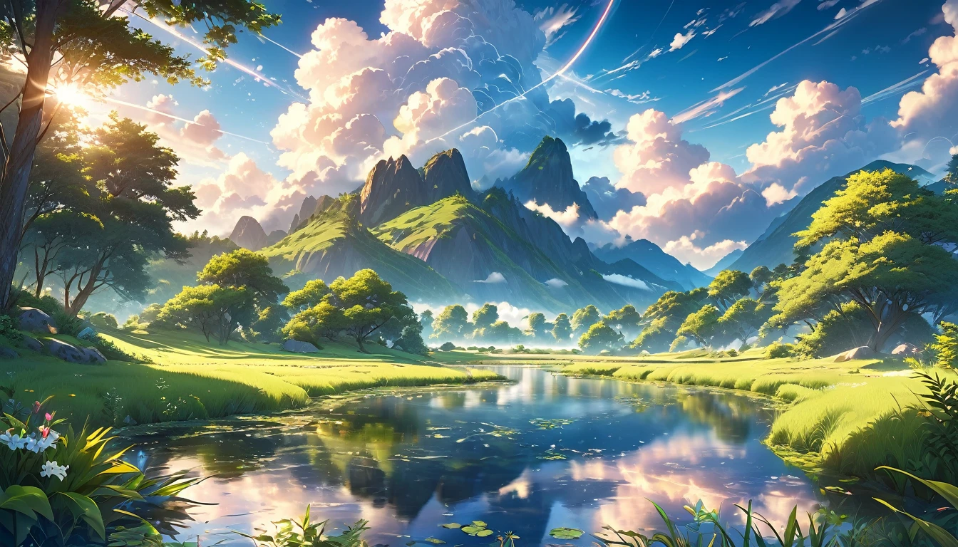 Beautiful anime scenery, Overcast skies，A beam of light shines through the clouds, Peaceful nature, (best quality,4K,8K,high resolution,masterpiece:1.2),Extremely detailed,(Practical,photoPractical,photo-Practical:1.37),Soft lighting,Dramatic Lighting,Vibrant colors,detailed foliage,Detailed clouds,Meticulous skies,Intricate details,Tranquil atmosphere,Calm your mind,Stunning views,Dramatic skies,Tranquil Pond,Lush greenery,Picturesque scenery