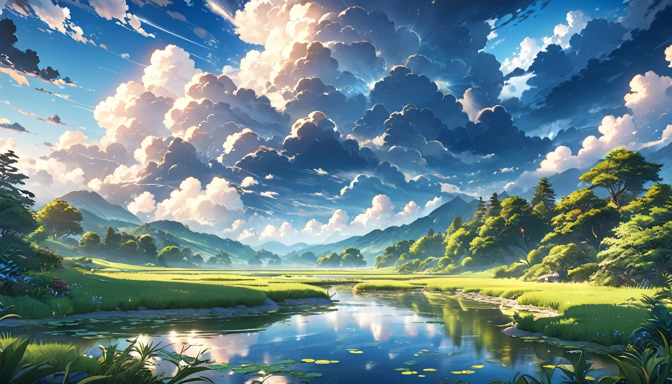 Beautiful anime scenery, Overcast skies,A beam of light shines through the clouds, Peaceful nature, (best quality,4K,8K,high resolution,masterpiece:1.2),Extremely detailed,(Practical,photoPractical,photo-Practical:1.37),Soft lighting,Dramatic Lighting,Vibrant colors,detailed foliage,Detailed clouds,Meticulous skies,Intricate details,Tranquil atmosphere,Calm your mind,Stunning views,Dramatic skies,Tranquil Pond,Lush greenery,Picturesque scenery