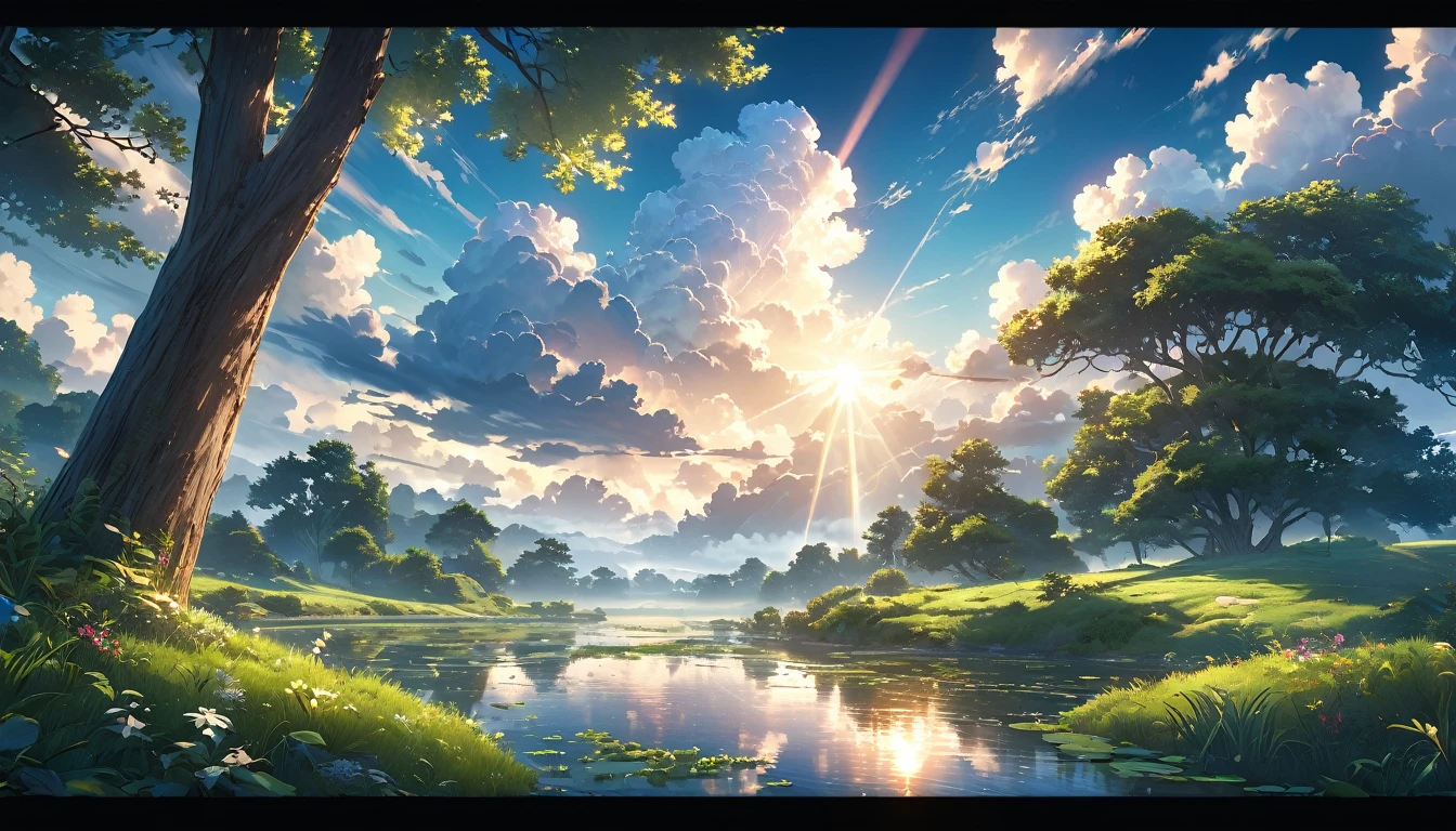 Beautiful anime scenery, Overcast skies,A beam of light shines through the clouds, Peaceful nature, (best quality,4K,8K,high resolution,masterpiece:1.2),Extremely detailed,(Practical,photoPractical,photo-Practical:1.37),Soft lighting,Dramatic Lighting,Vibrant colors,detailed foliage,Detailed clouds,Meticulous skies,Intricate details,Tranquil atmosphere,Calm your mind,Stunning views,Dramatic skies,Tranquil Pond,Lush greenery,Picturesque scenery