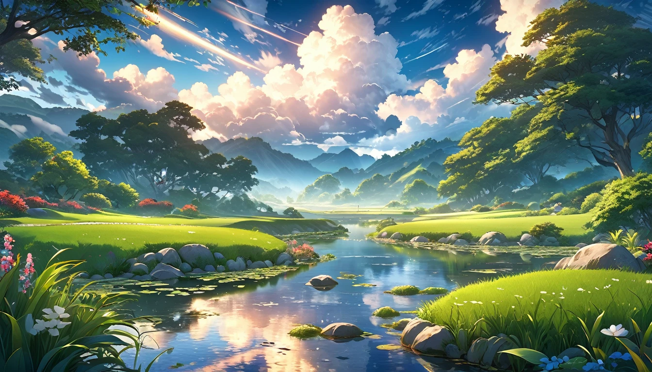 Beautiful anime scenery, Overcast skies,A beam of light shines through the clouds, Peaceful nature, (best quality,4K,8K,high resolution,masterpiece:1.2),Extremely detailed,(Practical,photoPractical,photo-Practical:1.37),Soft lighting,Dramatic Lighting,Vibrant colors,detailed foliage,Detailed clouds,Meticulous skies,Intricate details,Tranquil atmosphere,Calm your mind,Stunning views,Dramatic skies,Tranquil Pond,Lush greenery,Picturesque scenery