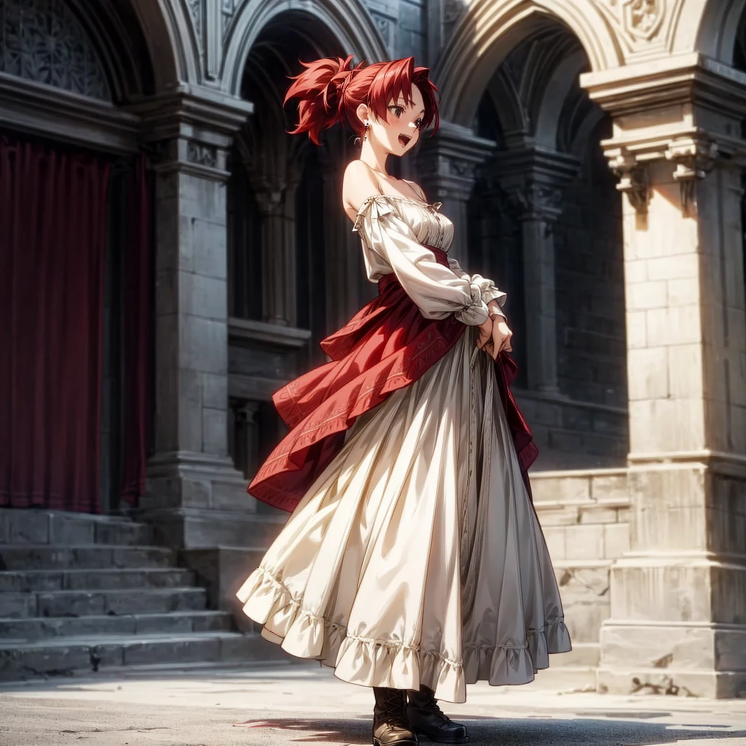 Solo character, full body version, young girl, black eyes, red color hair, long hair, ponytail, long dress clothing, Victorian dress, white color dress, bare shoulder clothing, long skirt, boots, earrings, outdoor, village, medieval, morning, standing gesture, detailed background, detailed clothing, detailed hair, happy eyes, open mouth, Medium breast 