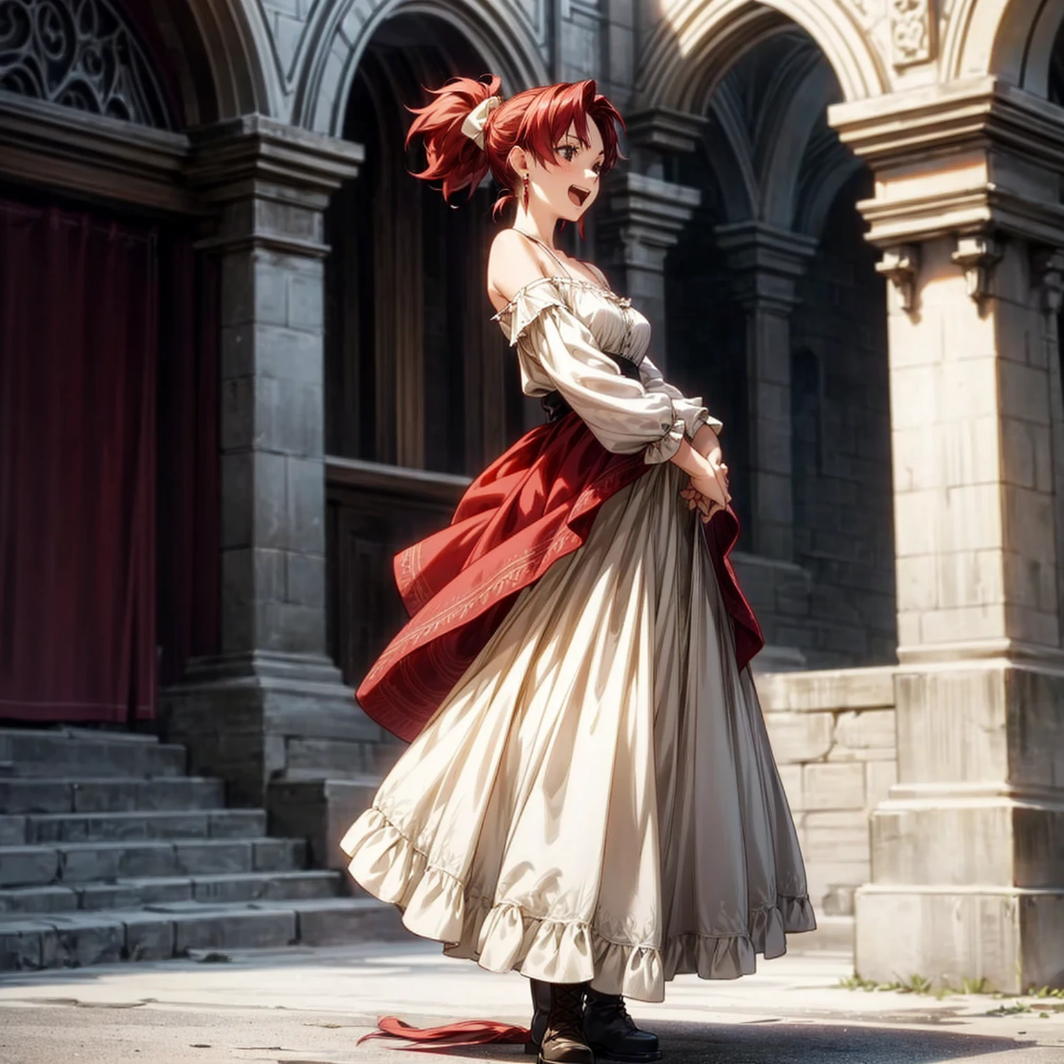 Solo character, full body version, young girl, black eyes, red color hair, long hair, ponytail, long dress clothing, Victorian dress, white color dress, bare shoulder clothing, long skirt, boots, earrings, outdoor, village, medieval, morning, standing gesture, detailed background, detailed clothing, detailed hair, happy eyes, open mouth, Medium breast 