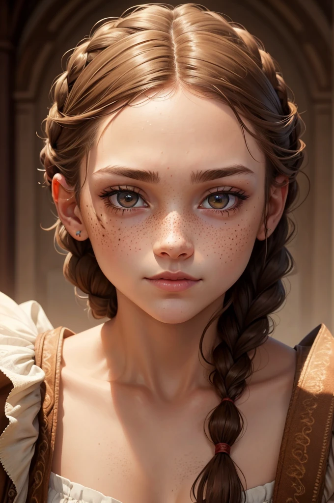 girl, frontal position, close up, sharp eyes, freckles, smirk, brown hair, braids, blood, best quality, expressive eyes, perfect face, masterpiece, 4K, 8K