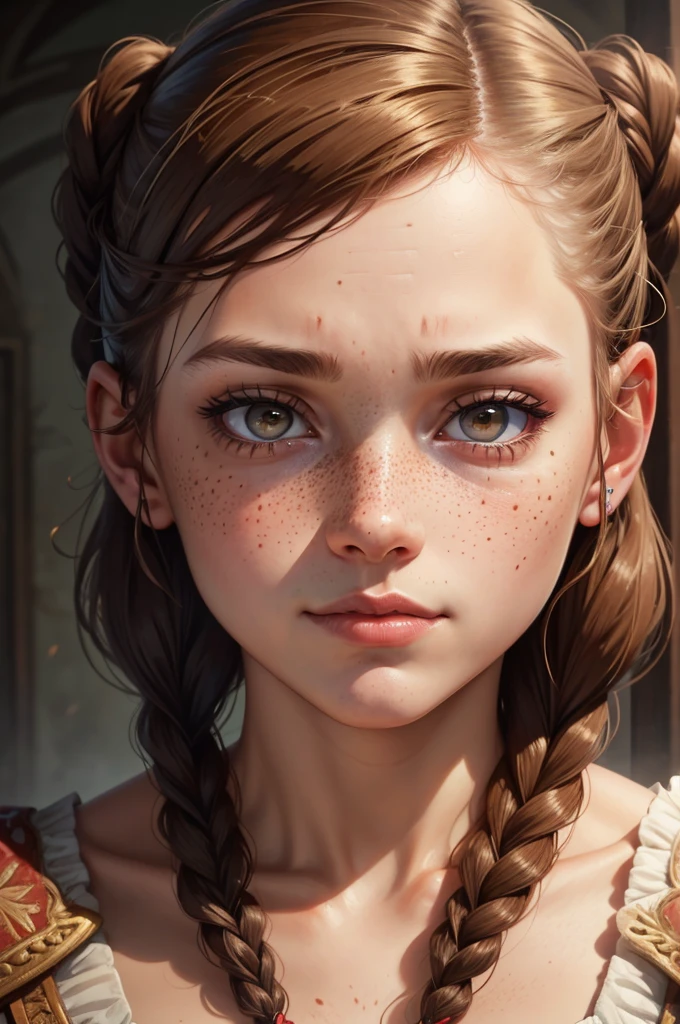 girl, frontal position, close up, sharp eyes, freckles, smirk, brown hair, braids, blood, best quality, expressive eyes, perfect face, masterpiece, 4K, 8K