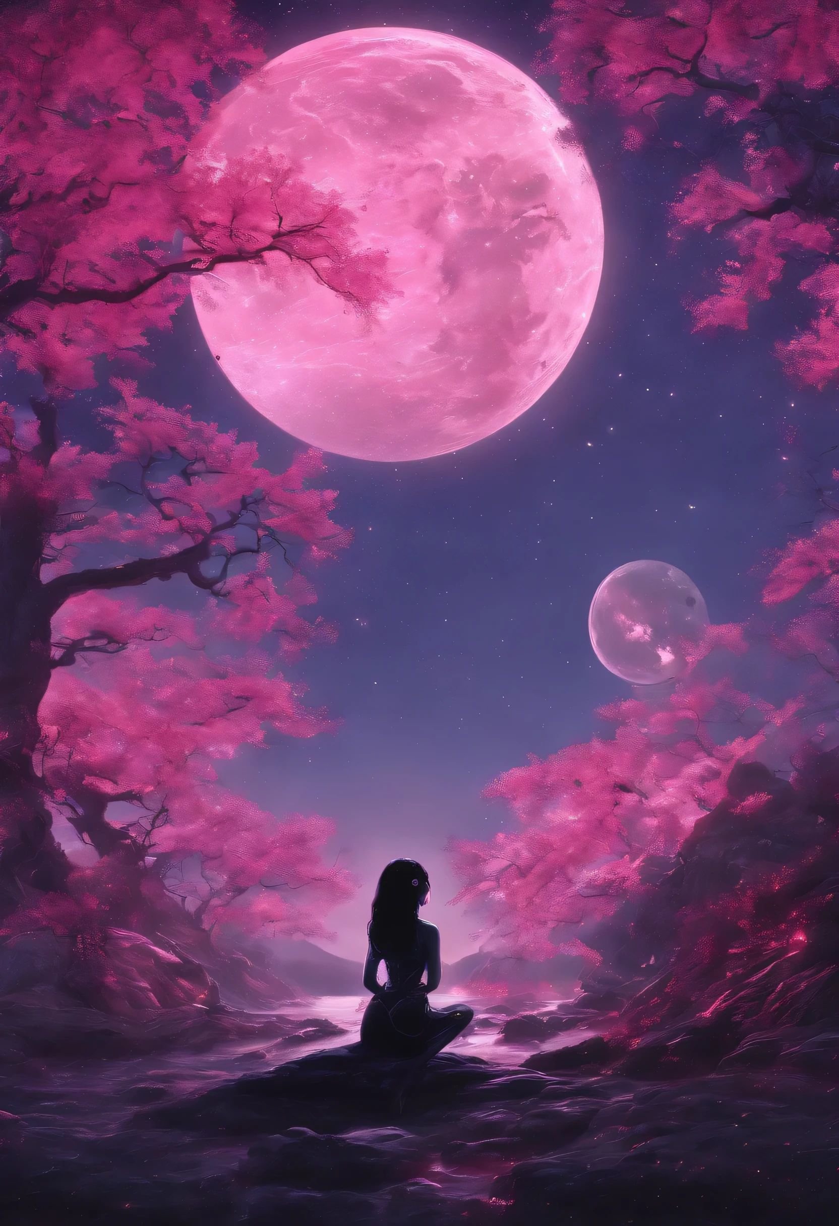 masterpiece, 最high quality, night, Mountain, full moon, Long black hair, woman, fire Fly, performer, Mysterious cherry tree, Pink leaves, high quality, Beautiful graphics, Attention to detail