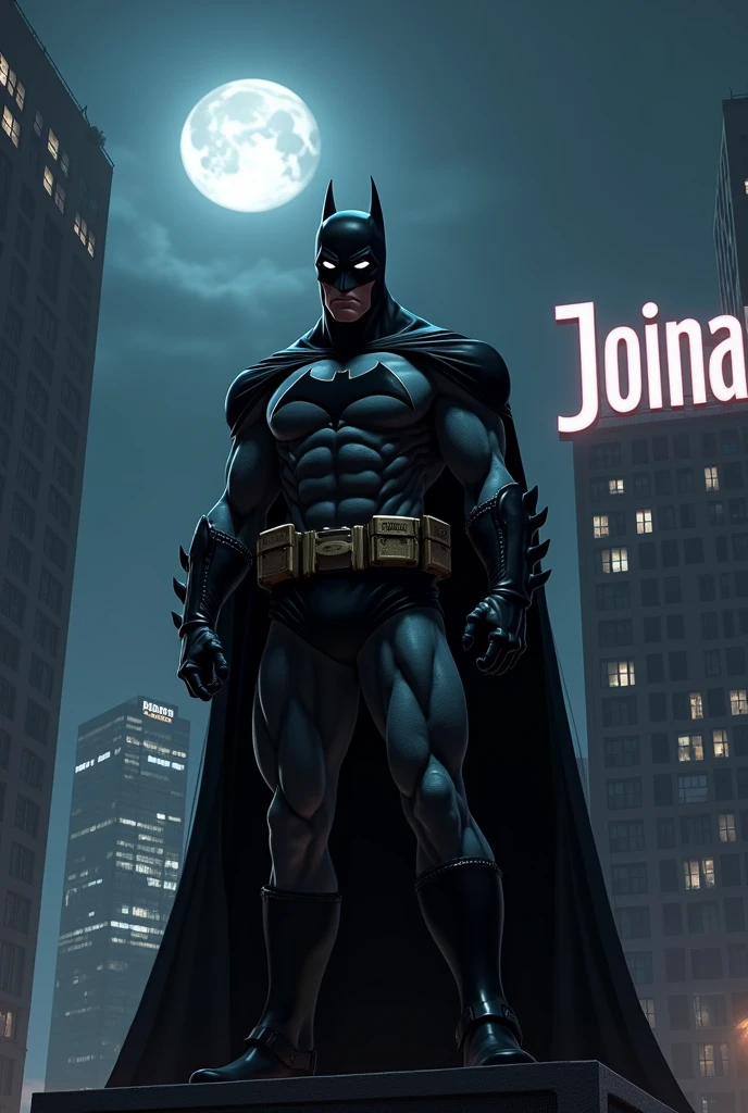 It is night time and the moon is out shining on his suit Batman and he is a black person inside. He is standing on top of a building that is written Joina City.

A building behind him in the background is written or named “ Joina City” a huge sign post written Joina city and his cap suit is labeled Tadiwa