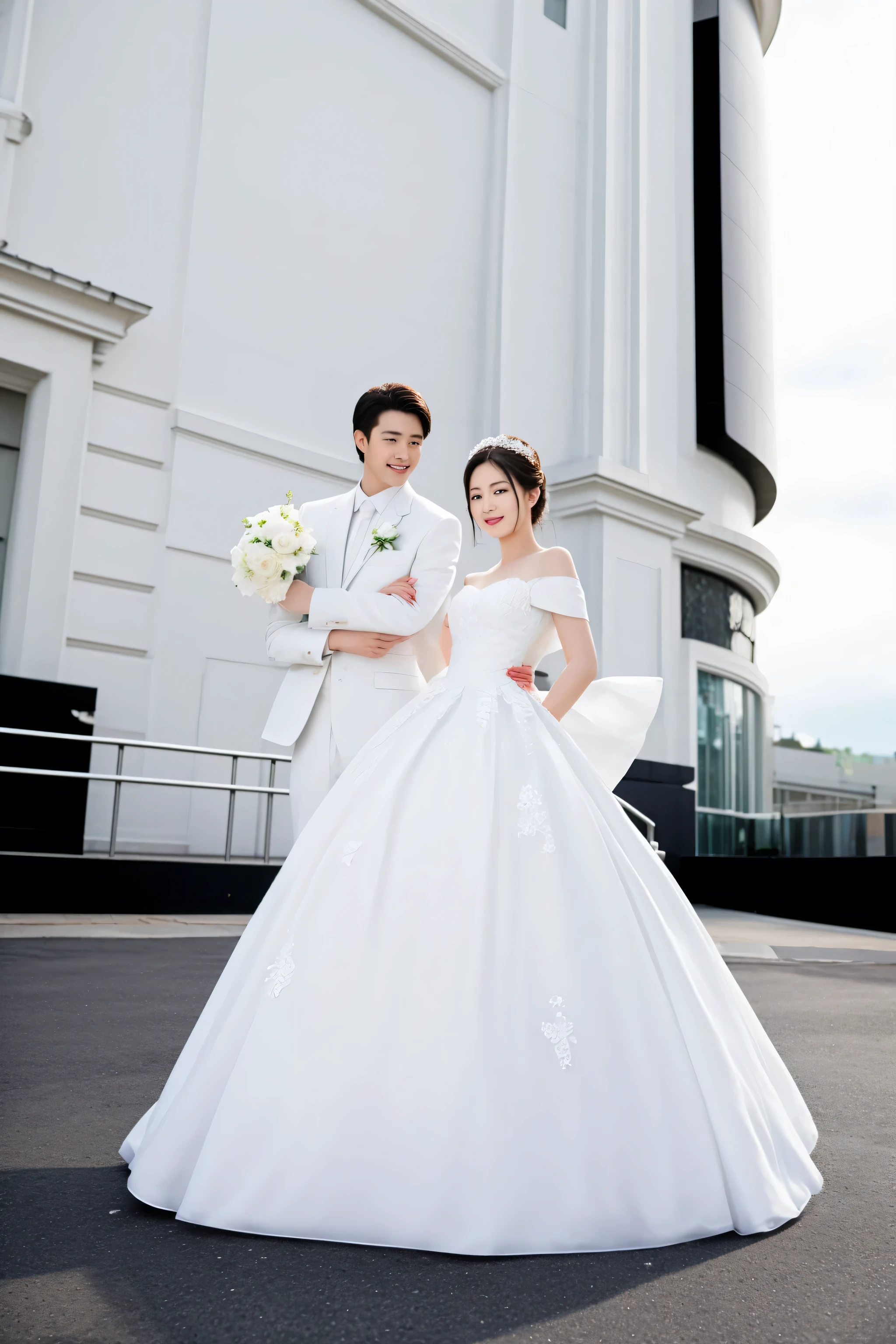 bride and groom posing for a picture in front of a church, wedding photo, in front of white back drop, shot on canon eos r5, shot on canon eos r 5, wedding, happy couple, lovely couple, bride and groom, shot on nikon z9, taken with canon eos 5 d mark iv, taken with canon 5d mk4, professional wedding photography