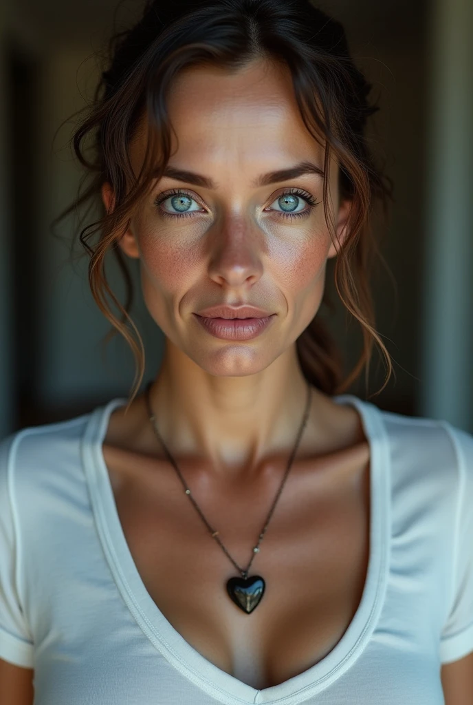 40 year old woman, wrinkles on the face, abnormally blue eyes, not a perfect face, (photorealistic:1.4, extremely complex:1.3, radiation, photon mapping, dtx, 8 K), ((((heart necklace close up, White T-shirt, wet, [medium breast:Big breasts:0.8])), wet, [Skin detail:freckles:0.7], natural), Bock effect, blurred background, Focus on face