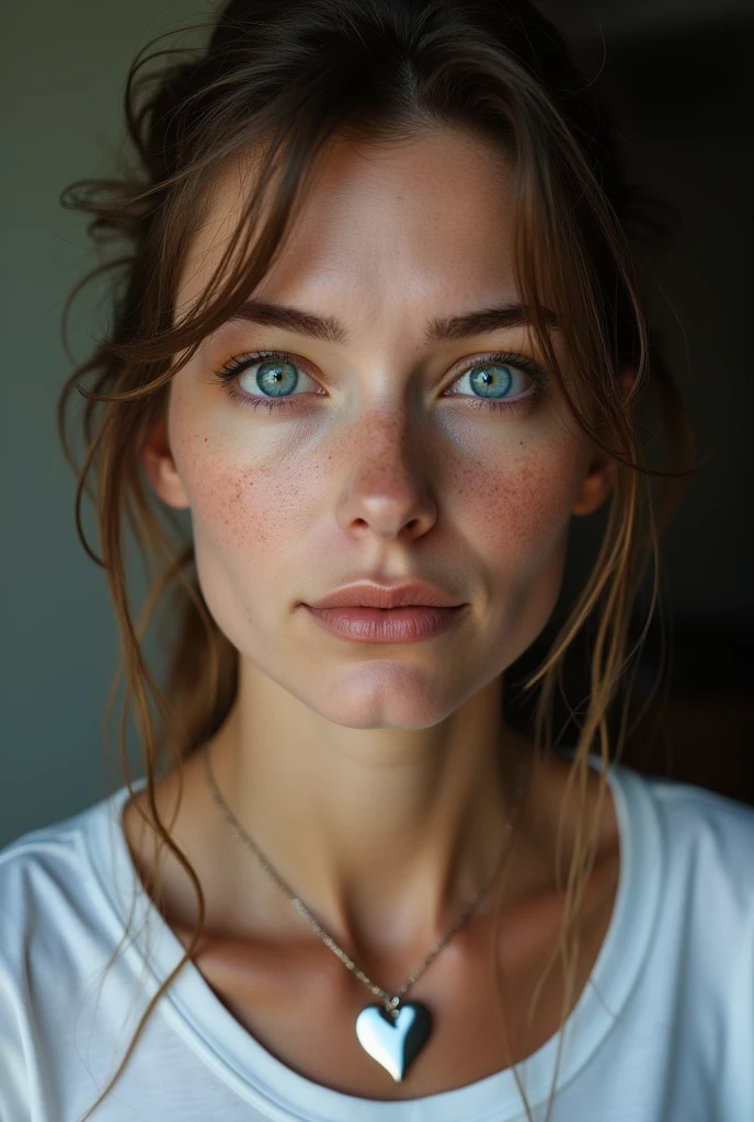 40 year old woman, wrinkles on the face, abnormally blue eyes, not a perfect face, (photorealistic:1.4, extremely complex:1.3, radiation, photon mapping, dtx, 8 K), ((((heart necklace close up, White T-shirt, wet, [medium breast:Big breasts:0.8])), wet, [Skin detail:freckles:0.7], natural), Bock effect, blurred background, Focus on face