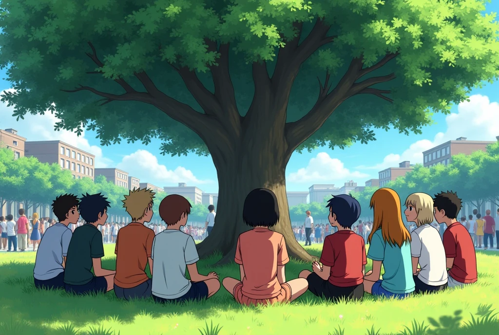 a group of young students with more than 11 boys and more than 9 girls, black, white and brown skinned, including a boy with short hair or a shaved head, sitting in a circle outdoors, talking under a huge tree on a sunny day with fresh green grass, in a busy environment full of people, all in anime style