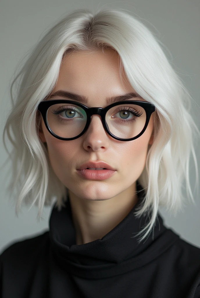 A woman with white hair, black eyes and glasses 