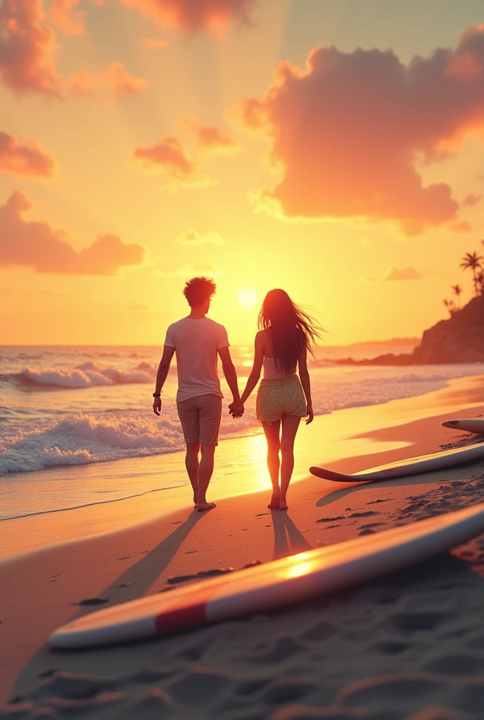 A cover for a Netflix series about two teenagers who fall in love. The title is "summer love" that they are walking on the beach at sunset. That there are some surfboards on the shore and that they look a little far away
