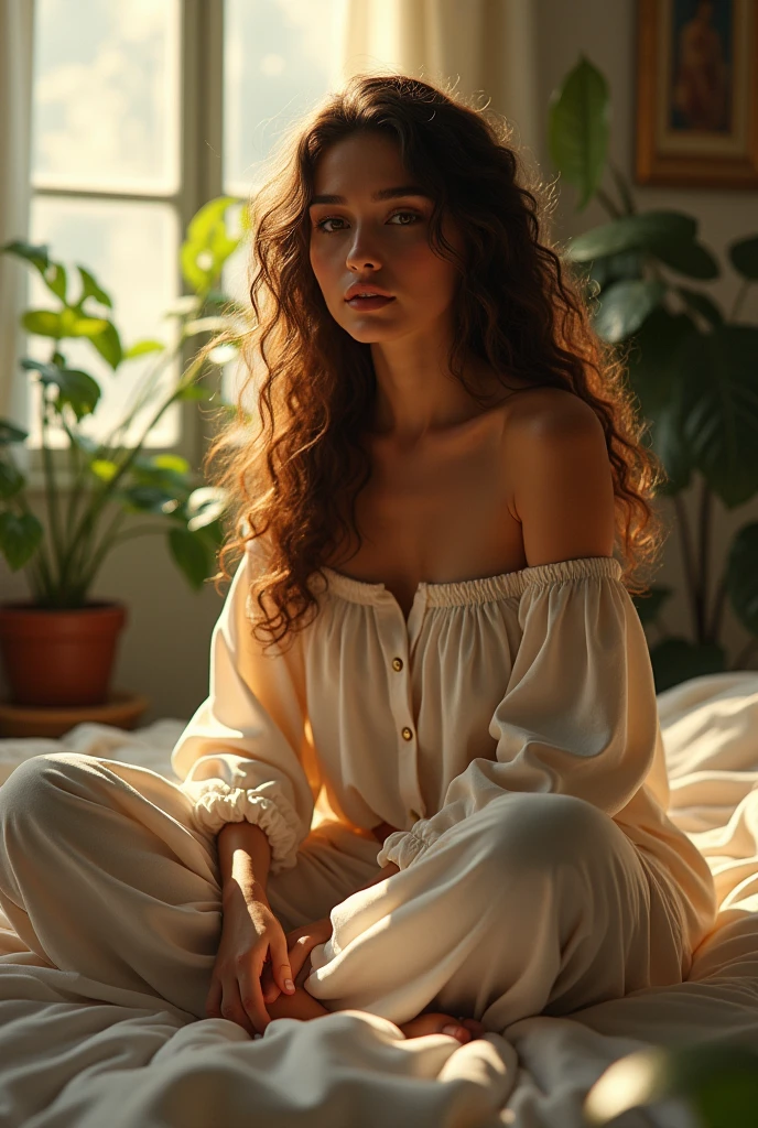 (photorealism:1.2), beautiful woman, sitting on bed, wearing loose off-shoulder top, pajama pants, long curly hair, indoors, soft lighting, plants in background, window with sunlight, cozy room, relaxed pose, realistic, intricate details, warm colors, by Greg Rutkowski, by Alphonse Mucha