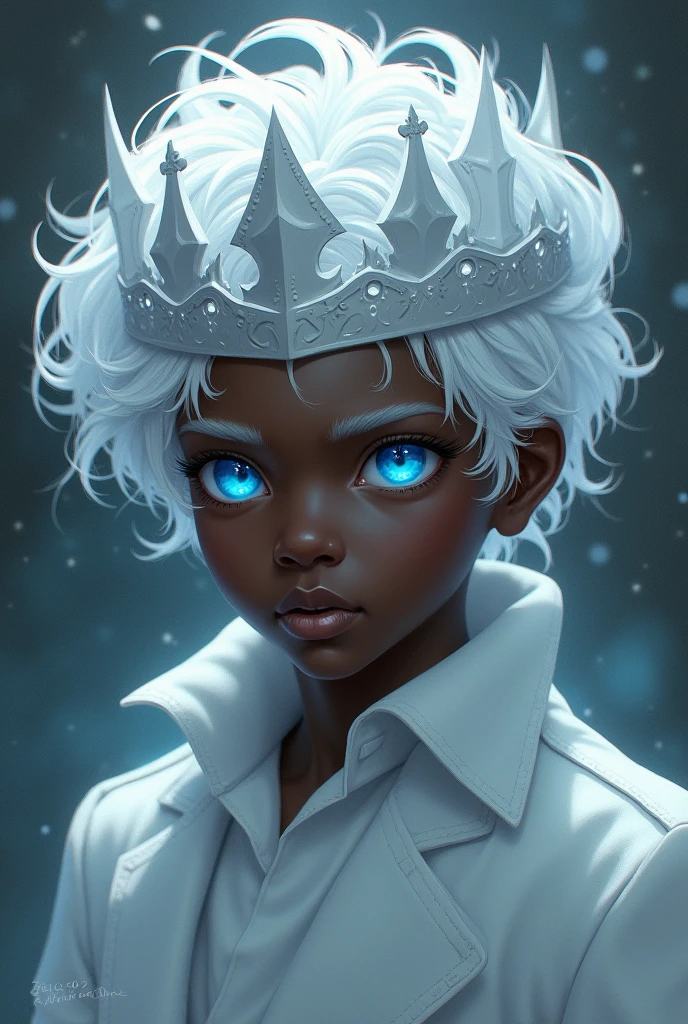 A dark skinned boy with a white coat and a white crown with white hair and blue anime eyes