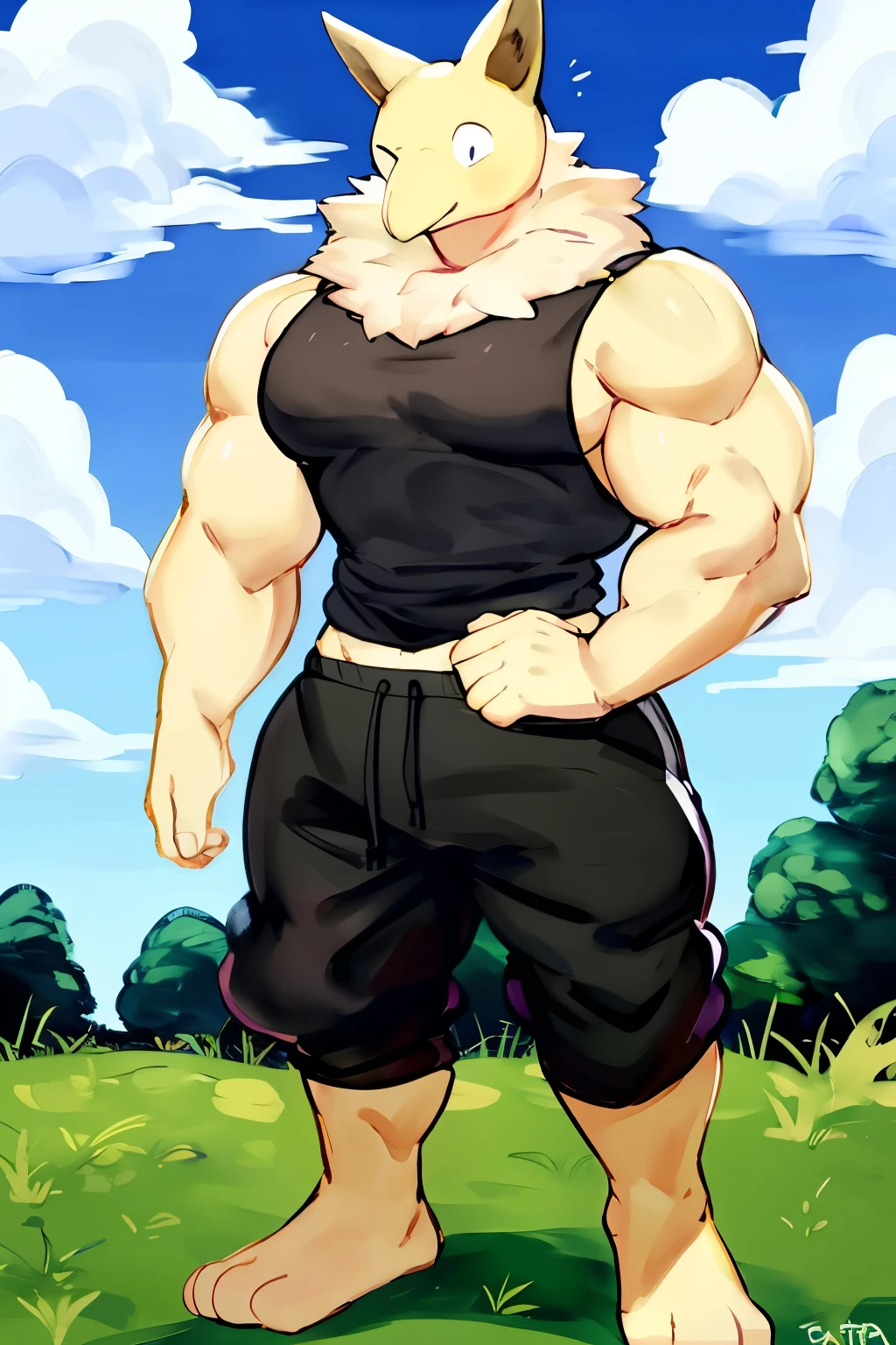 Furry, Anthro, solo, Hypno, Male, (((muscular body, massive thighs, massive male pectorals, fluffy neck, wearing white fur around neck, standing, hand on face, facing viewer))), ((((massive biceps, yellow skin)))), ((((((massive bulky torso, wearing black tanktop, wearing black sweatpants, barefoot, wide-eyed, head tilted)))))), full body shot, meadow, forest, clouds, sky, by buta99, by zackary911, by bebebebebe, (((digital painting)))