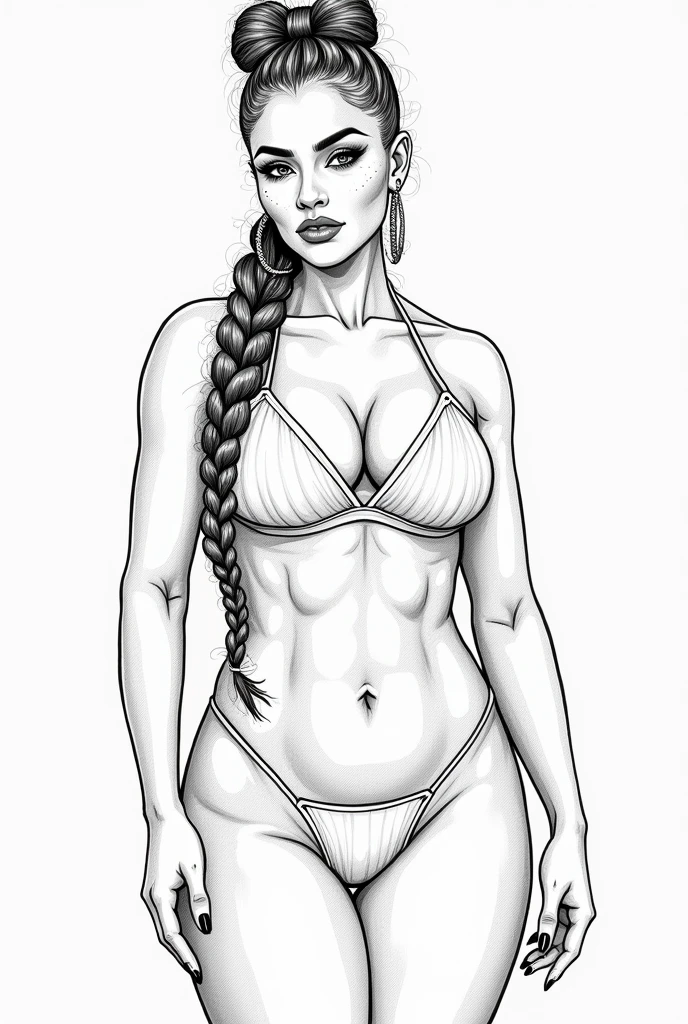 Masterpiece, Best Quality, High Resolution,Super High Resolution, Ultra realistic, Line art, fine lines bold coloring book of fashion model, extremely gorgeous, heart face, bold look, Stunning beauty, large butt, wide hips, full lips, spicy hot, Curvy figure, freckles 0.1, beauty marks, super model, confident and alluring beautiful woman, a curvy fit body, cat eyes, (realistic:1.3), hyper detailed, photorealistic, line art portrait, masterpiece, natural lighting, cinematic composition, hyper intricate details, hyper detailed, photorealistic, portrait, masterpiece, African runway, braided updo