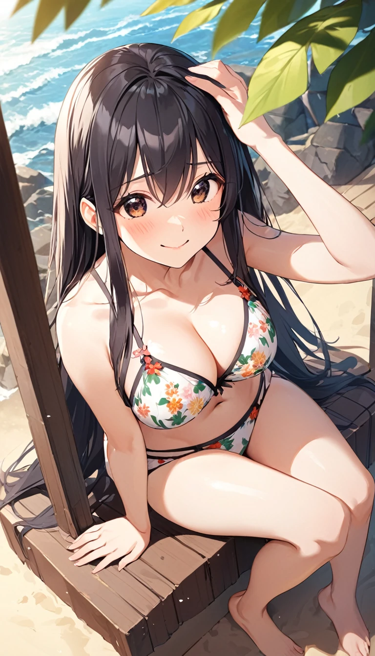 Girl,cute,cute,From above,Chest to head,Look up here,smile,Embarrassed,Straight Hair,Long Hair,Black Hair,Girl sitting,morning,sunny,big photos,Floral Bikini,coastal