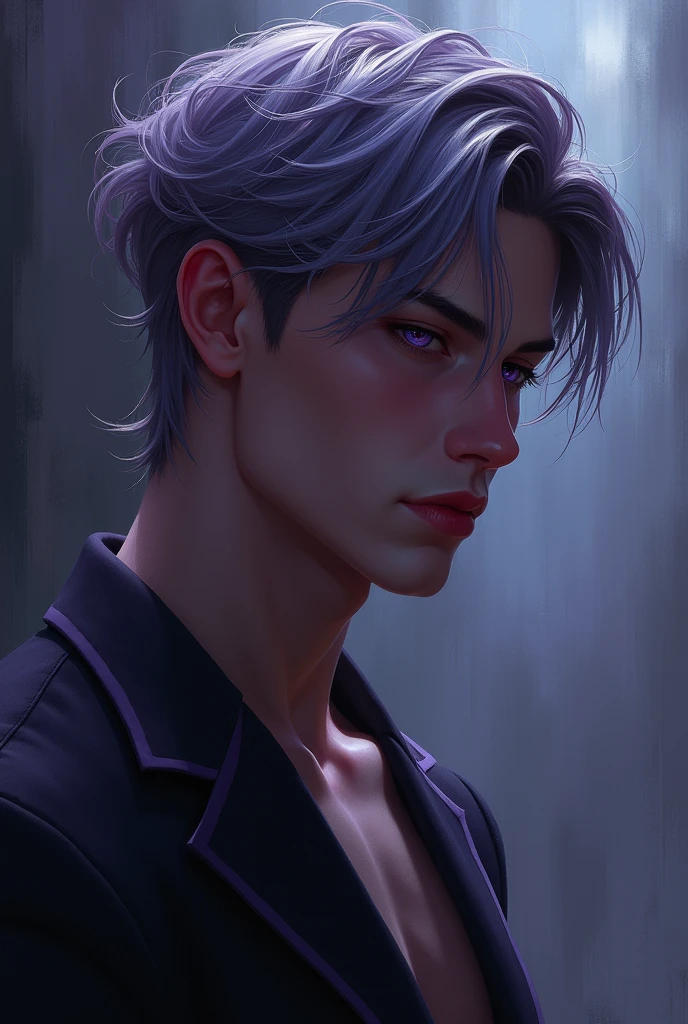 male, Silver-purple hair, Dark purple eyes,languid eyes, Handsome 30's, bust, Looking expressionlessly to the right