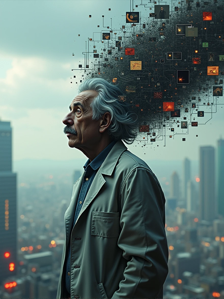 matwaretech  , Science fiction, cyber punk, pixelated,  malware failure,  nasty ,  albert einstein, scientist coat,uhd,Bustness,futuristic horizon in the background, lots of ideas coming out of my head