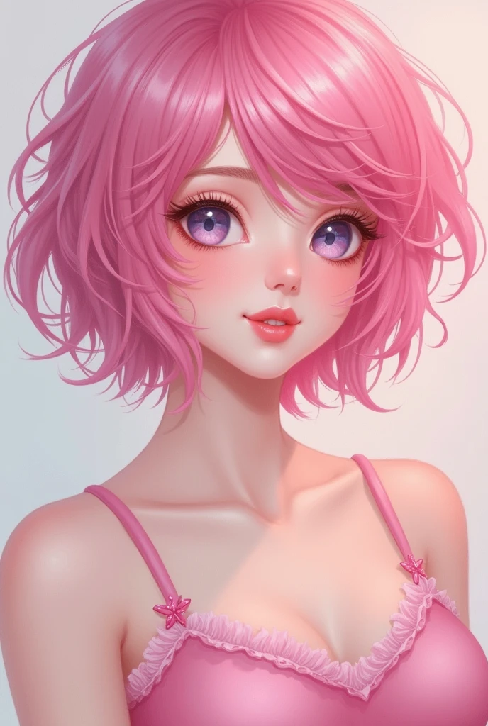close up of a woman with pink hair and a pink dress, short pink hair, pink hue, cute girl with short pink hair, light pink hair, pink pastel, pastel pink skin tone, pastel pink, pink short hair, pink wispy hair, pink hair, flowing pink hair, pastel makeup, with pink hair, light pink hair with pink flames seaart ai
