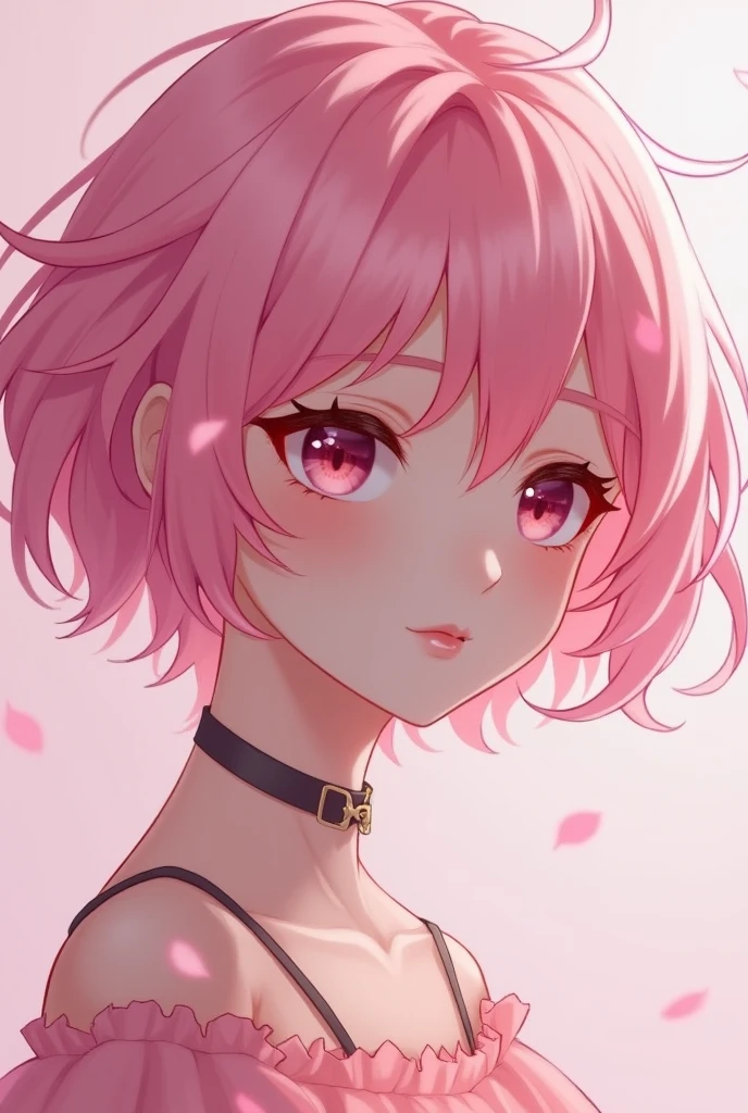 close up of a woman with pink hair and a pink dress, short pink hair, pink hue, cute girl with short pink hair, light pink hair, pink pastel, pastel pink skin tone, pastel pink, pink short hair, pink wispy hair, pink hair, flowing pink hair, pastel makeup, with pink hair, light pink hair with pink flames seaart ai