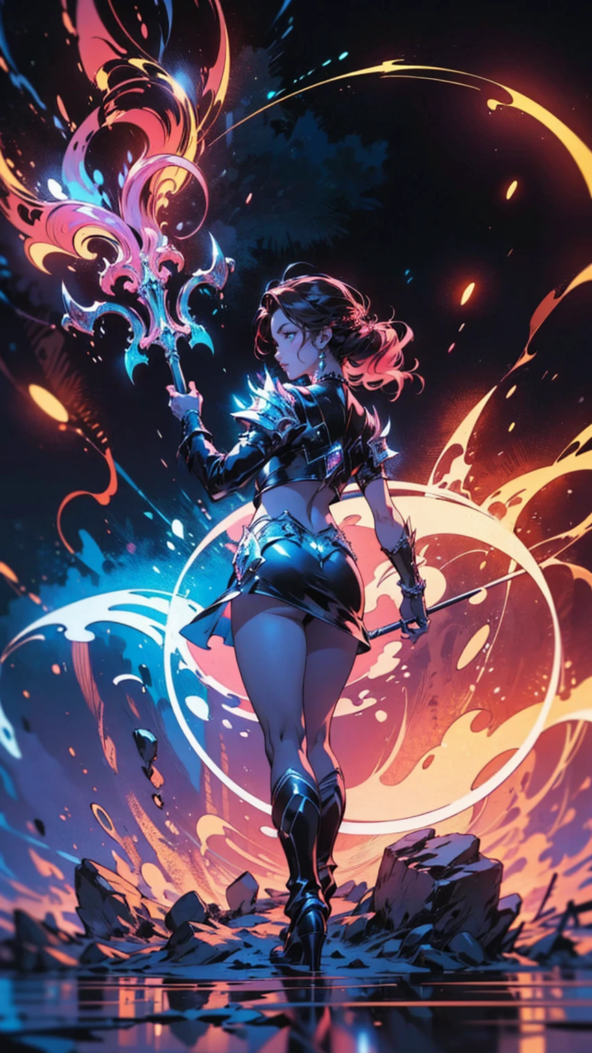 high details, best quality, 16k, [best detailed], masterpiece, best quality, (extremely detailed), a view from the rear of a beautiful woman looking through  a magical portal onto hell, the portal has magical pink magical wards  on it, she sees the fiery hell and rolling inferno faize , GlowingRunes_paleblue, GLOWING STYLE,