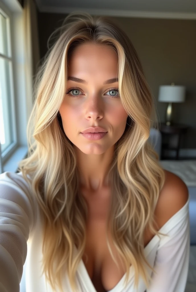 aux yeux bleus, dans une chambre d&#39;hôtel, blondes cheveux longs, Portrait Sophie Rain, Portrait de Corinna Kopf, cheveux blonds et grands yeux, Selfie d&#39;une jeune femme, sans maquillage, maquillage naturel, Regarder directement dans la caméra, Visage avec Artgram, maquillage subtil, Superbe photo de tout le corps, dans la pièce, grand , blond au bord de la plage photo réel pour profil instagram