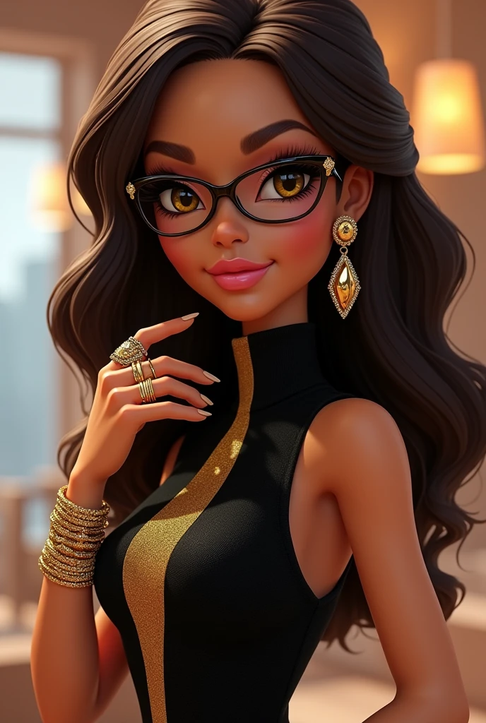 There is a bratz girl who has medium hair, brown eyes, oval glasses, golden color and a black sleeveless high-neck dress with rings, bracelets and elegant earrings.
