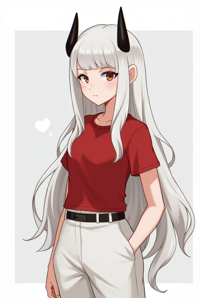 , short, slim, long  hair, white  hair, 2 dark horns, Red shirt, White pants