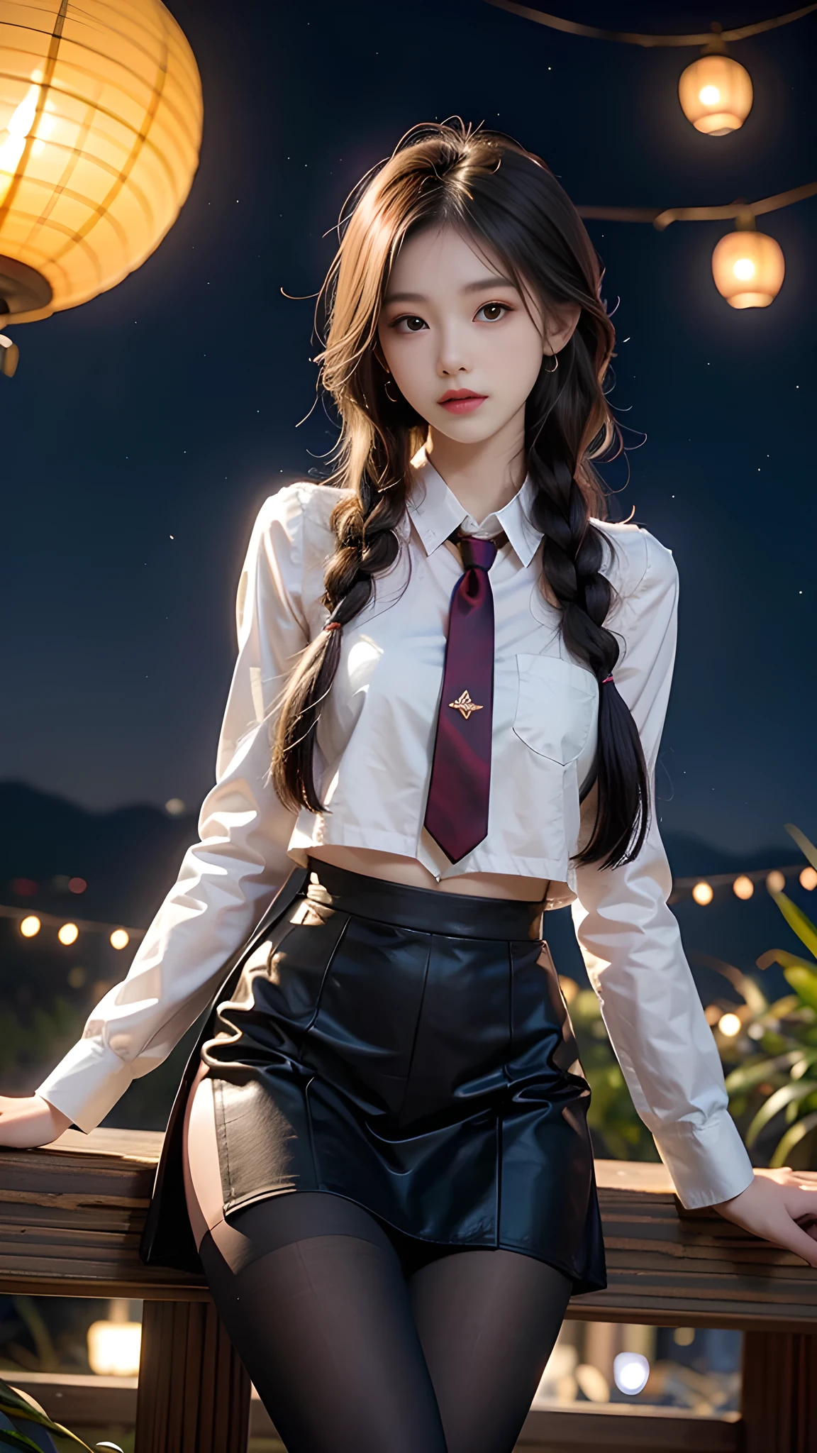 ulzzang-6500-v1.1, (RAW photo: 1.2), (Real photo), (Real photo: 1.4), 1 girl、Perfect ???????、19 years old、Looking at the camera、Medium length hair、side braids, uniform short skirt, in a surreal royal garden, with many hanging lanterns, under the starry night sky, ((starry night: 1.1))、(Surreal tights: 1.2), (Business service)、Asian eyes Ella,