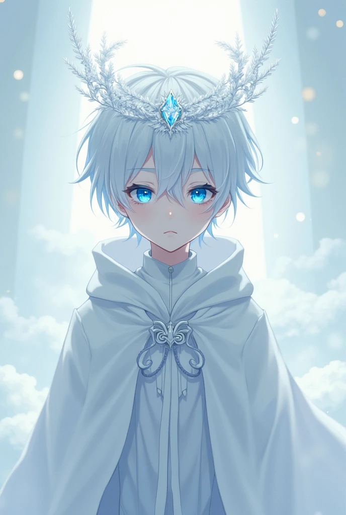 A white all white boy with a white coat and a white crown white hair with blue anime eyes