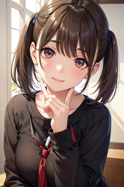 anegasaki nene、Shiny brown hair, short hair, (Beautiful brown eyes、Sparkling eyes, Fine grain)、smile、Ultra-detailed eyes、Highly detailed face, Highly detailed eyes,


(masterpiece,Highest quality,High resolution,Highest quality,Super Details),8k,wallpaper,An illustration,

girl,Twin tails,Black sweater,,Upper Body,School